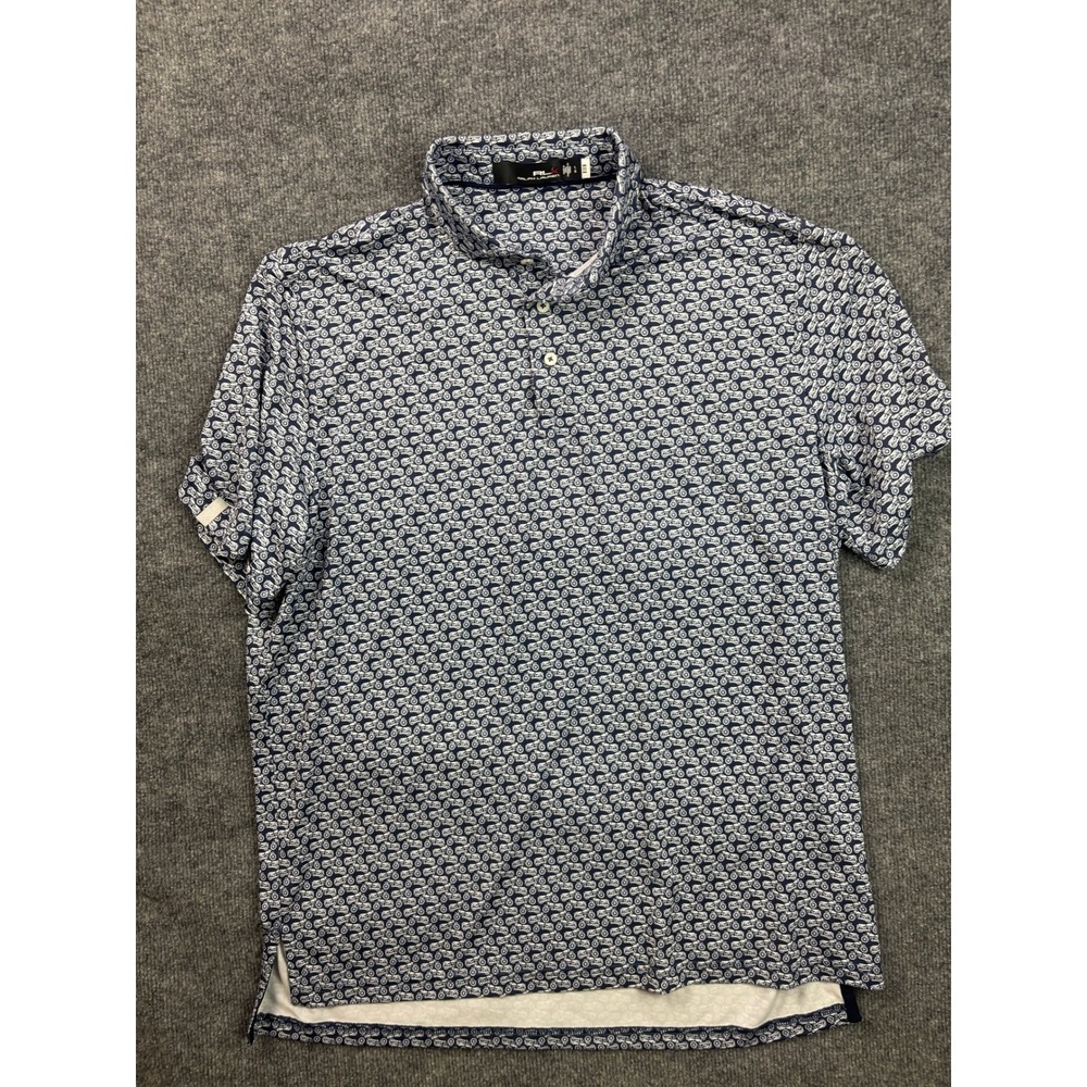 RLX Ralph Lauren Polo Shirt Mens Large Blue Motorcycle Print Short Sleeve Golf